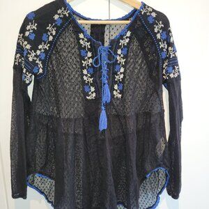 Free People Roses Are Red Black Lace Boho Embroidered Top Size M